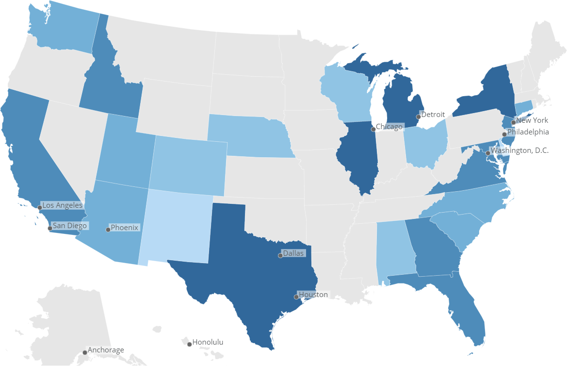 Texas Map with Blue Counties - Small 2 - SSIUW