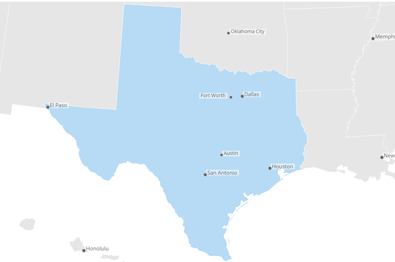 Texas Map with Blue Counties - Small 2 - SSIUW